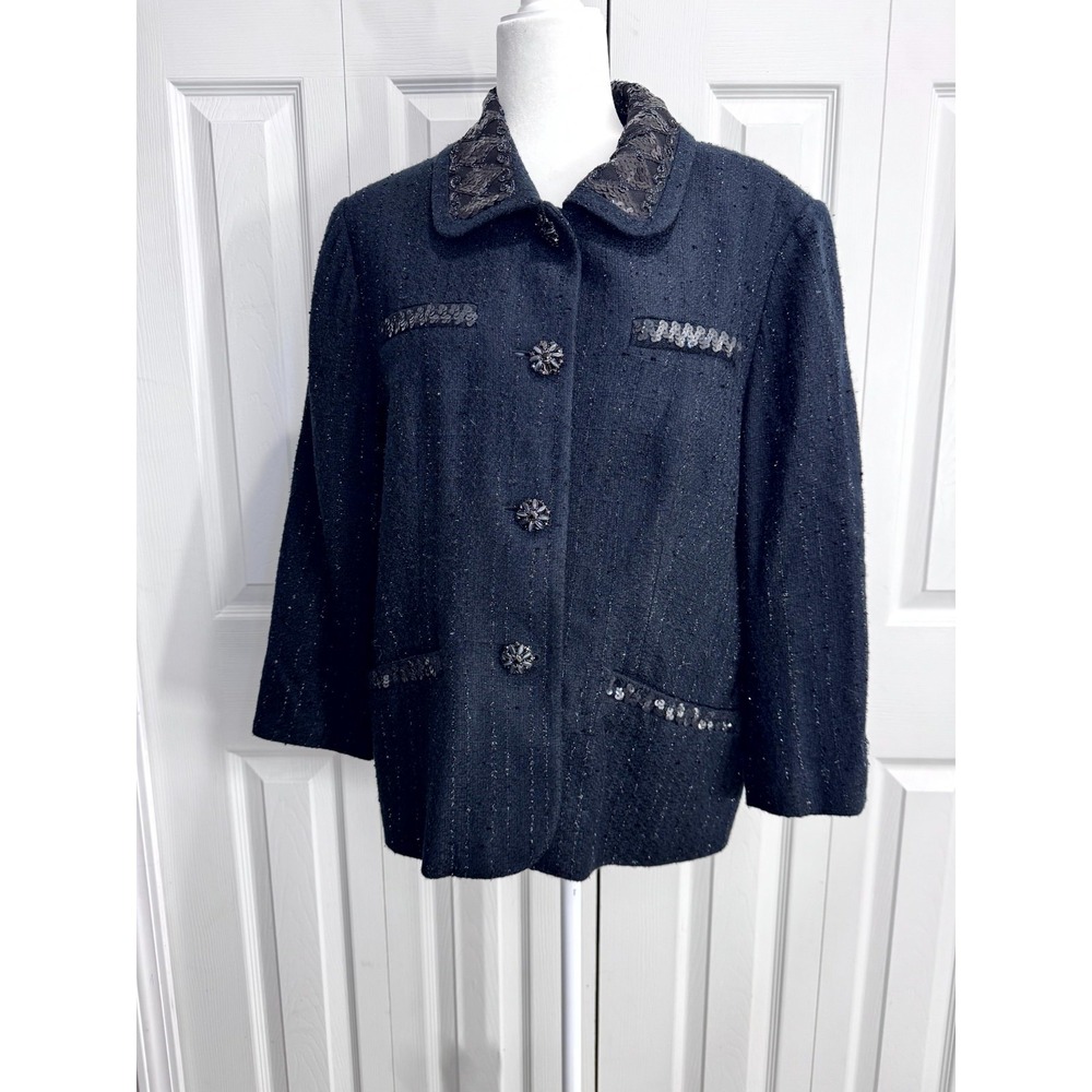 Bloomingdales Boucle Jacket Women 18W Black Lined Sequins Thread Brooch Buttons